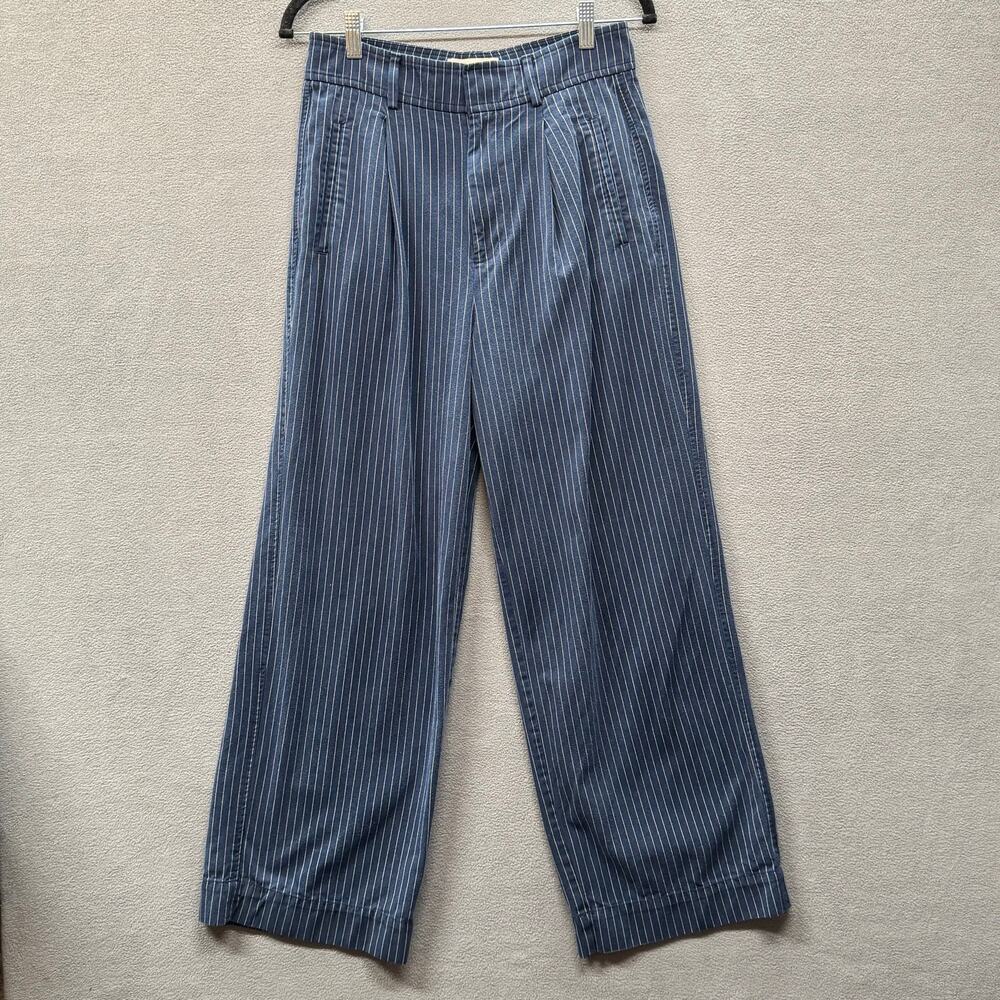 Everlane Way High Drape Pant Navy‎ Pinstripe 4S Wide Leg Preppy Tencel Cotton